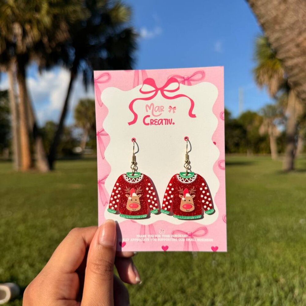 Christmas Sweater Reindeer Dangle Earrings Acrylic Holiday Jewelry - Picture 4 of 4